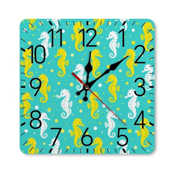 RKSupls 10×10inch Square Silent Wall Clock Wooden Frame, Seahorse Bubble Pattern Scale Decorative Clock for Home Bedroom Living Room Office