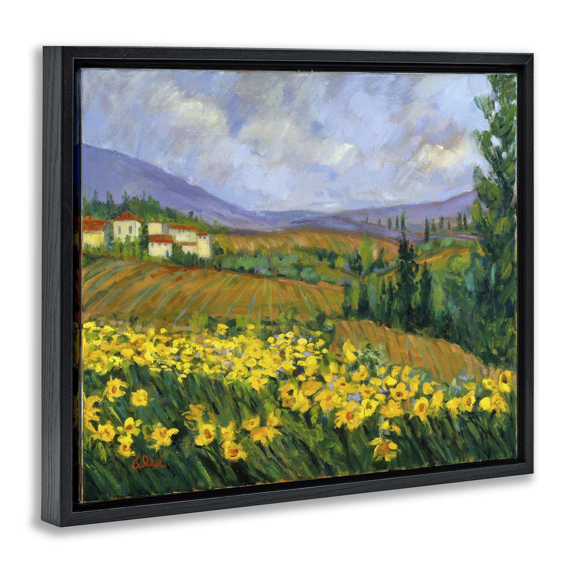 Stupell Industries Daffodil Field by Farm Landscape & Nature Painting Black Floater Framed Canvas Art Print Wall Art, 21 x 17
