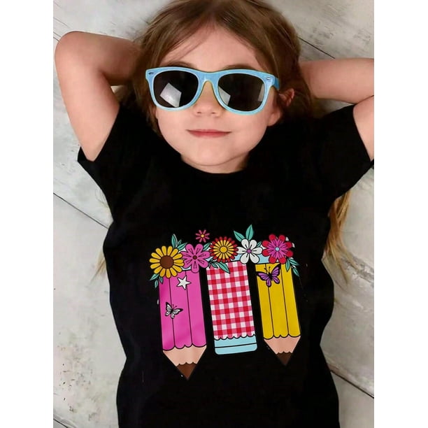 Girls & Boys Floral Pencil Themed Cotton Graphic Tees, Back To School Clothes Girls, Black and Colorful Design Summer Shirts With Flowers, Gift For First Day of School