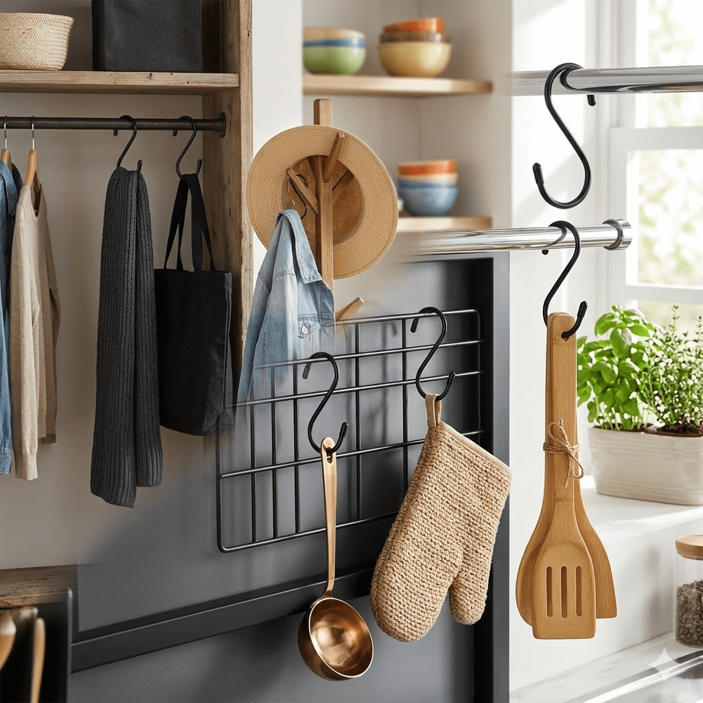Multipurpose S-Hooks with Protective Rubber Grip, Non-Slip S-Shaped Storage Hooks for Closet Organization, Hanging Rack for Belts, Bags, Plants and Tools, Heavy Duty & Easy Installation