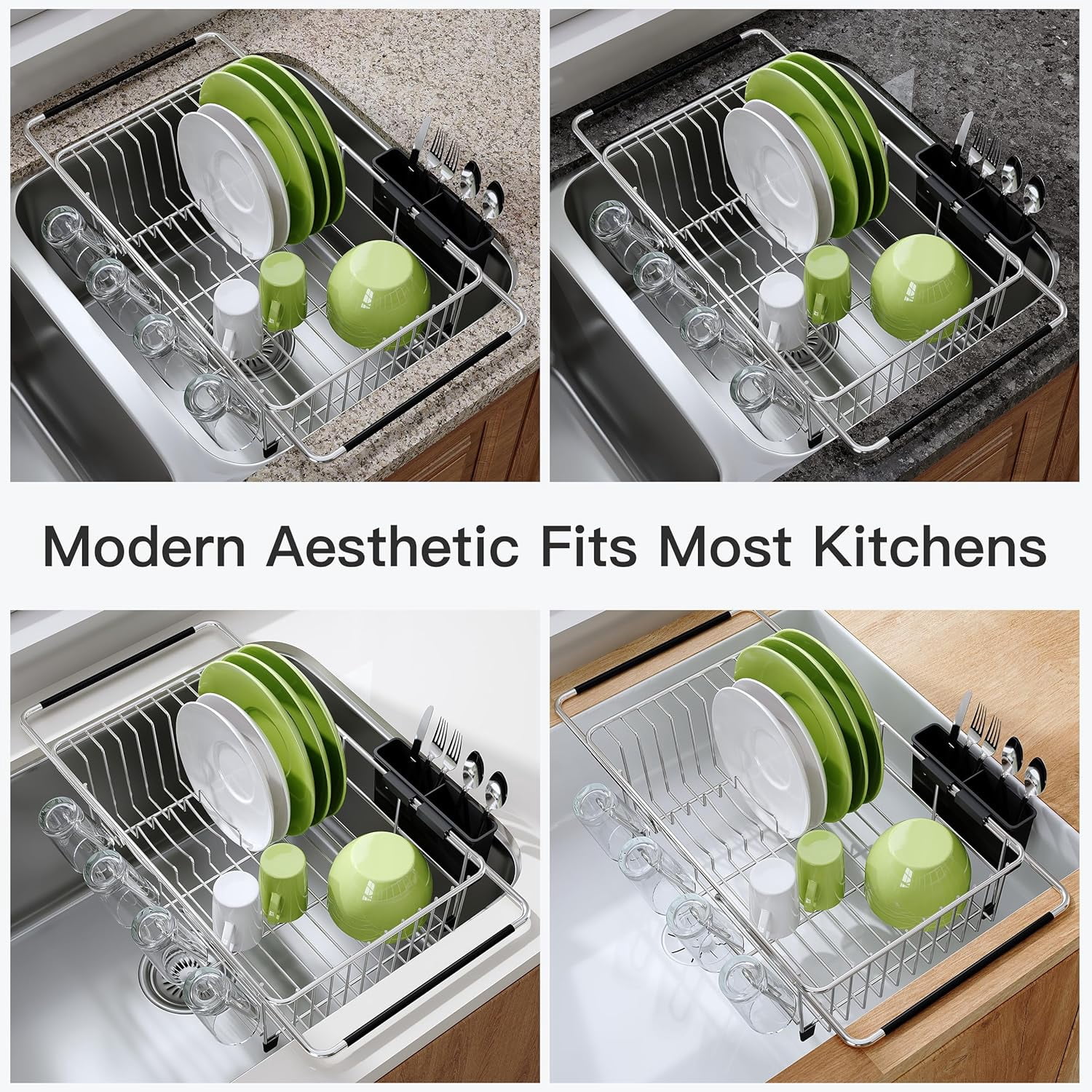 MMIZTFC Dish Drying Rack in Sink, Expandable Stainless Steel Dish Drainers for Kitchen Counter, Dish Dryer Rack for Inside Sink, Over The Sink Dish Racks with Utensil Holder, Silver