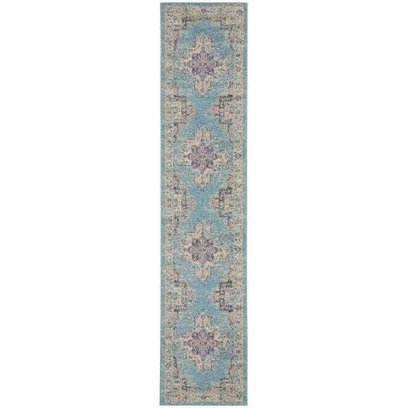 2’ x 10’ Light Blue Distressed Medallion Runner Rug