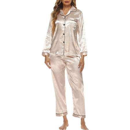

Hanerdun Women Long Sleeve Sleepwear Female Satin Pajamas Pjs Set Apricot M