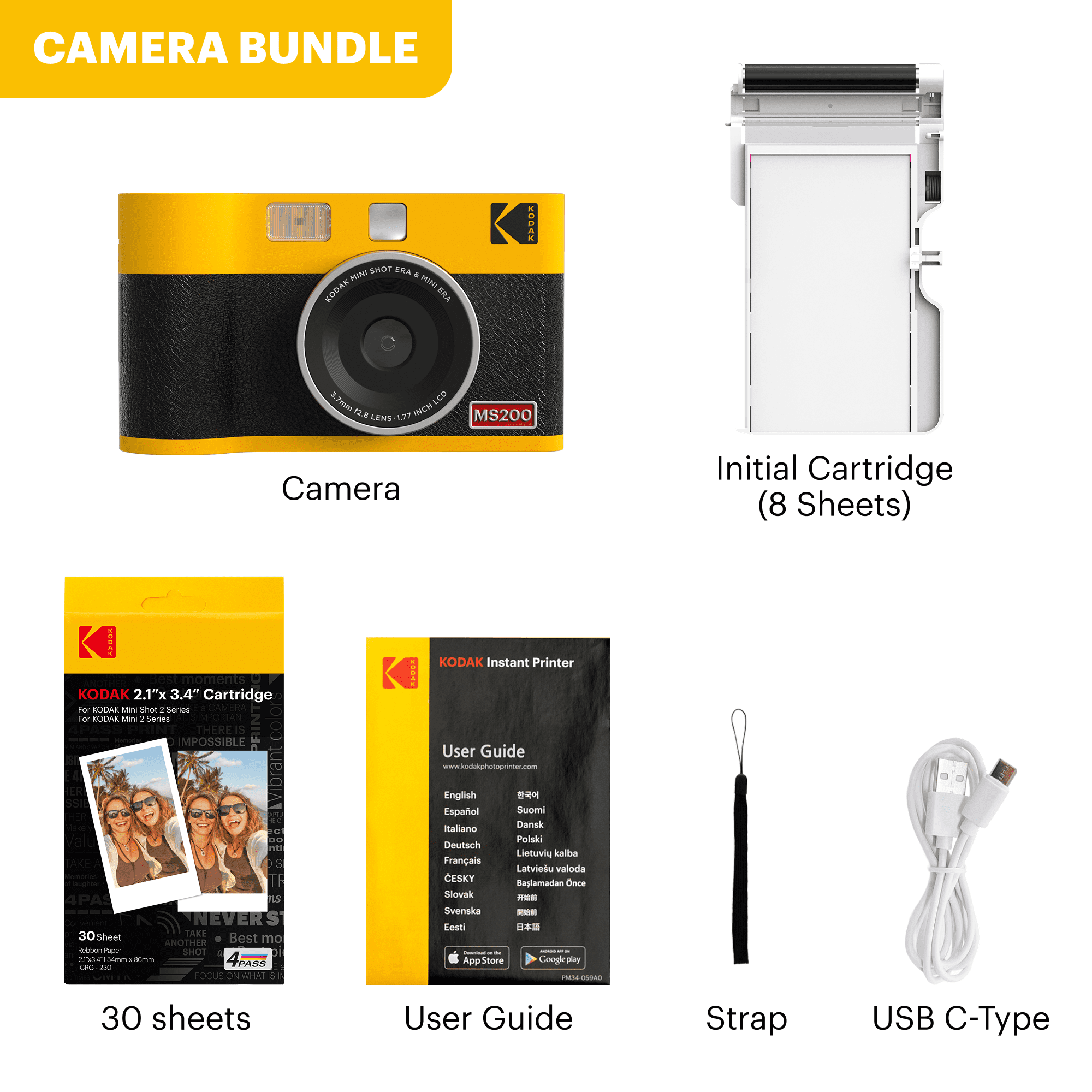Kodak Mini Shot 2 ERA 2-in-1 instant camera-printer, 2.1x3.4 inches, yellow (camera + 8 sheets)