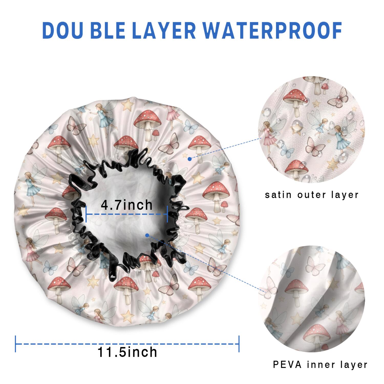 Shower Caps,Mushroom Fairy Princess Pattern Waterproof Shower Cap for Women 4 Pieces,Double Reusable Hair Cover for Shower PEVA Elastic Stretch Hem