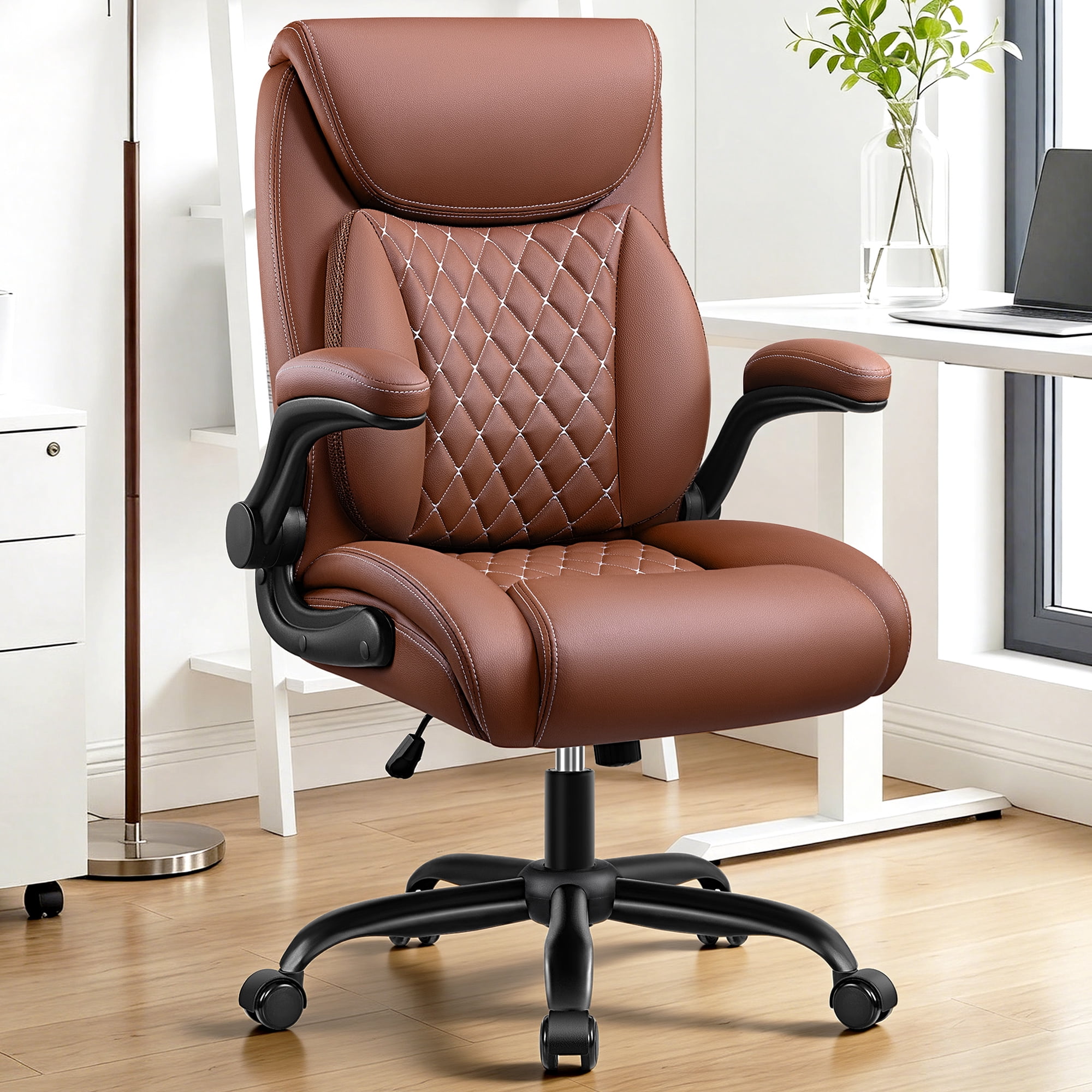 COOLHUT Big and Tall Office Chair 500LBS Wide Seat Ergonomic Computer Desk Chair, High Back Executive PU Leather Chair, Adjustable Armrest and Lumbar Back Support Office Chair, Brown