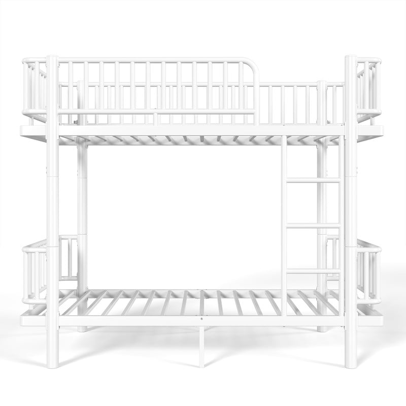Twin-over-Twin Teens Bunk Bed Can Transformed into 2 Platform Beds, Metal Kids Bed Frame with Round-Pipe, Ladder & Guardrails