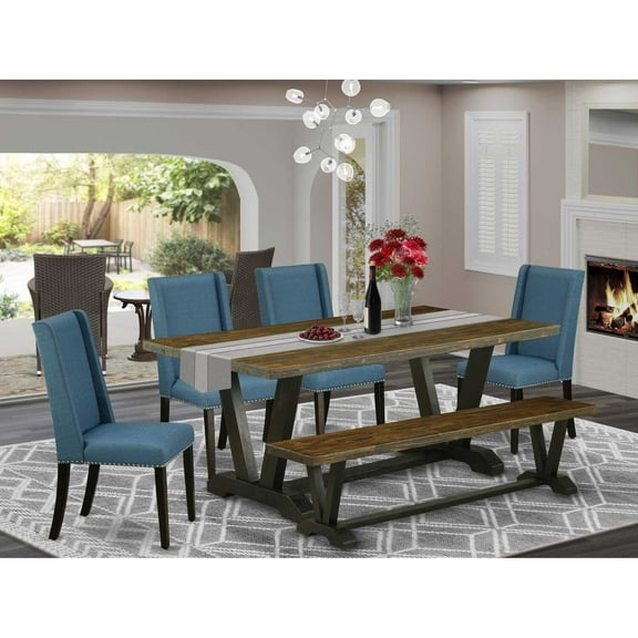 East West Furniture V-Style 6-piece Wood Dining Set with Linen Seat in Black