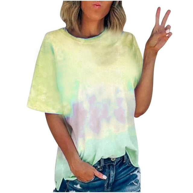 Tops de Manga Corta de Verano para las Mujeres Cuello Redondo Impresión, Moda Casual Blusa Suéter de Poliéster