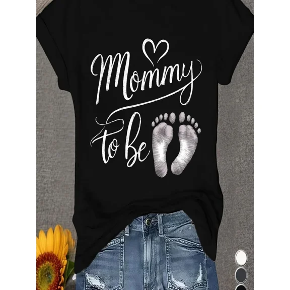 Mommy to Be Maternity Shirt Cute Pregnancy Announcement Graphic Tee Footprints Expecting Mother Fashion Short Sleeve Black Top
