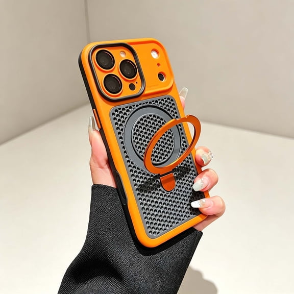 ShellTech Case For Apple iPhone 17 Pro with Magnetic Kickstand, Compatible with MagSafe Metal Stand Ring Hoder, Built-in Camera Lens Protector Shockproof Heat Dissipation Phone Case Cover,Orange