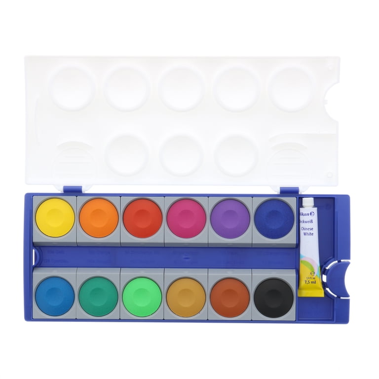 Pelikan K12 Paint Box - 12 Colors + Opaque White, Mixing Trough In Lid, Made In Germany