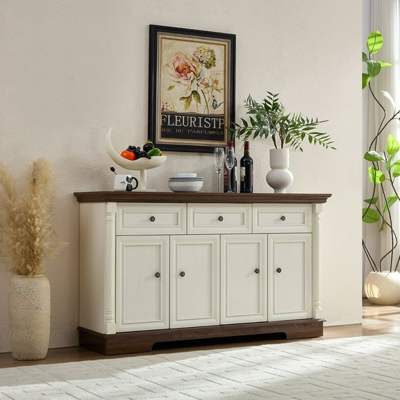 CQSXDA Farmhouse Style Kitchen Storage Cabinet in Classic White Finish 55 Inch Wooden Buffet Sideboard with Drawers