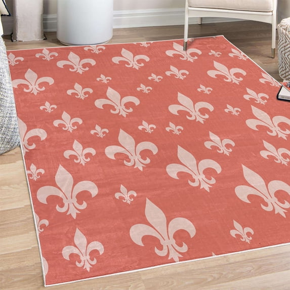 Fleur De Lis Decorative Rug, Lily Pattern Classic Retro Royal Vintage European Iris Ornamental Art, Quality Carpet for Bedroom Dorm and Living Room, 6 Sizes, Coral Coconut, by Ambesonne