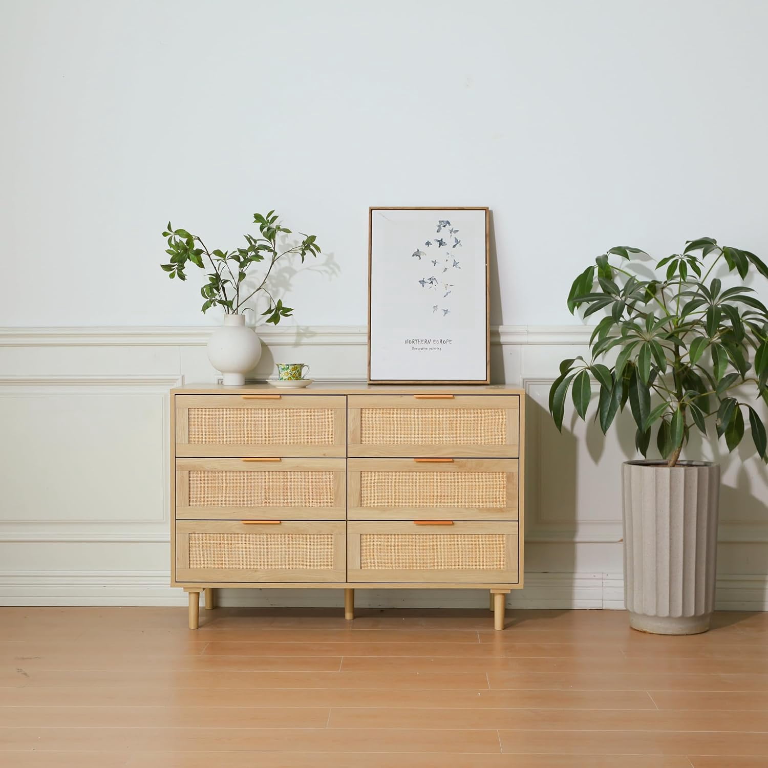 LAZZO 6-Drawer Rattan Dresser, Modern Chest of Drawers, Wooden Storage Organizer for Bedroom, Living Room & Hallway, Natural Wood Color