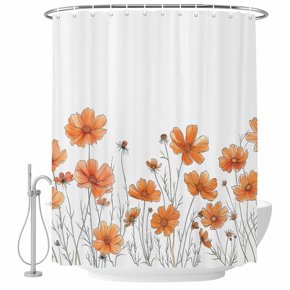 Watercolor Chrysanthemum Fabric Shower Curtain Orange Floral Washable Shower Curtains for Bathroom, Waterproof Bath Curtain with Hooks Home Decor 36x72in