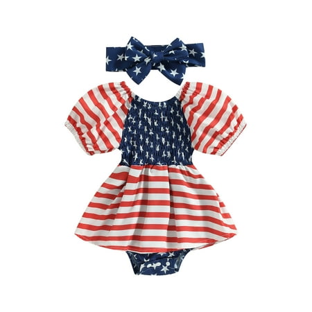 

Suanret Independence Day Newborn Baby Girls Romper Dress Flag Star Print Short Sleeve Ruched Jumpsuit with Headband Red Stripes 3-6 Months