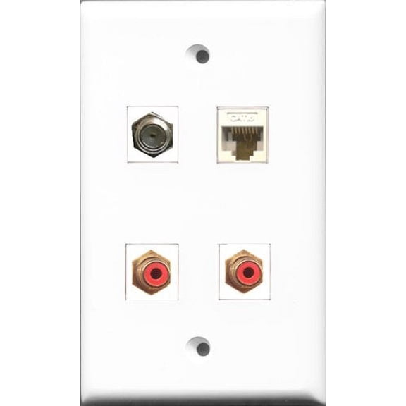 RiteAV - 2 Port RCA Red and 1 Port Coax Cable TV- F-Type and 1 Port Cat6 Ethernet White Wall Plate