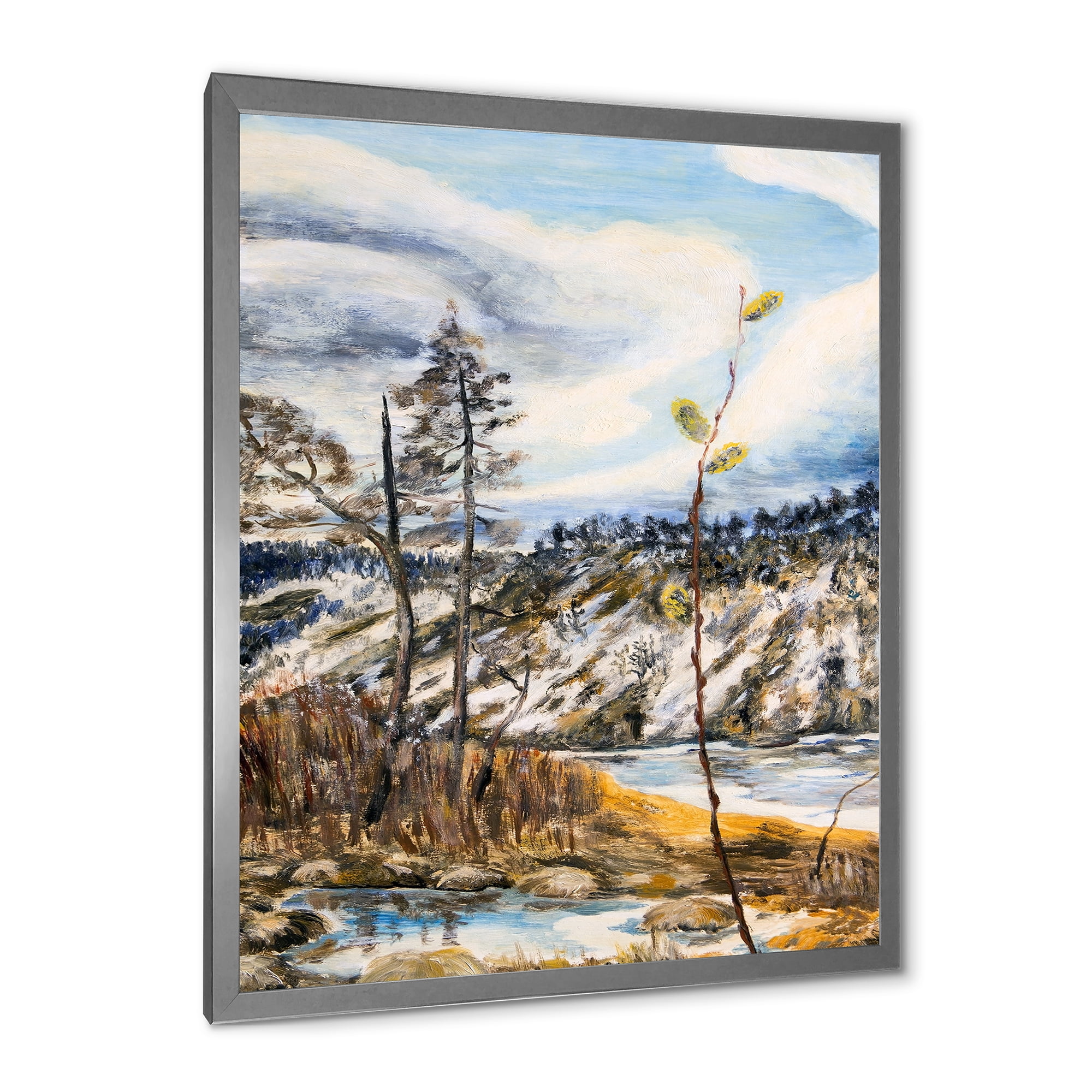Designart 'The Cloudy Sky and The River With Spring Landscape' Lake House Framed Art Print