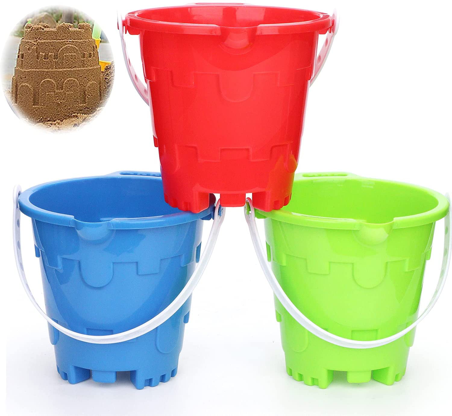 3 Pack Castle Model Beach Sand Buckets 7 Large Snow Castle Maker Pails Water Pool Gardening Bath Toy ABS Durable Thick Plastic Gift Bucket Set For Camping Traveling Cleaning Summer Beach Pool Party 