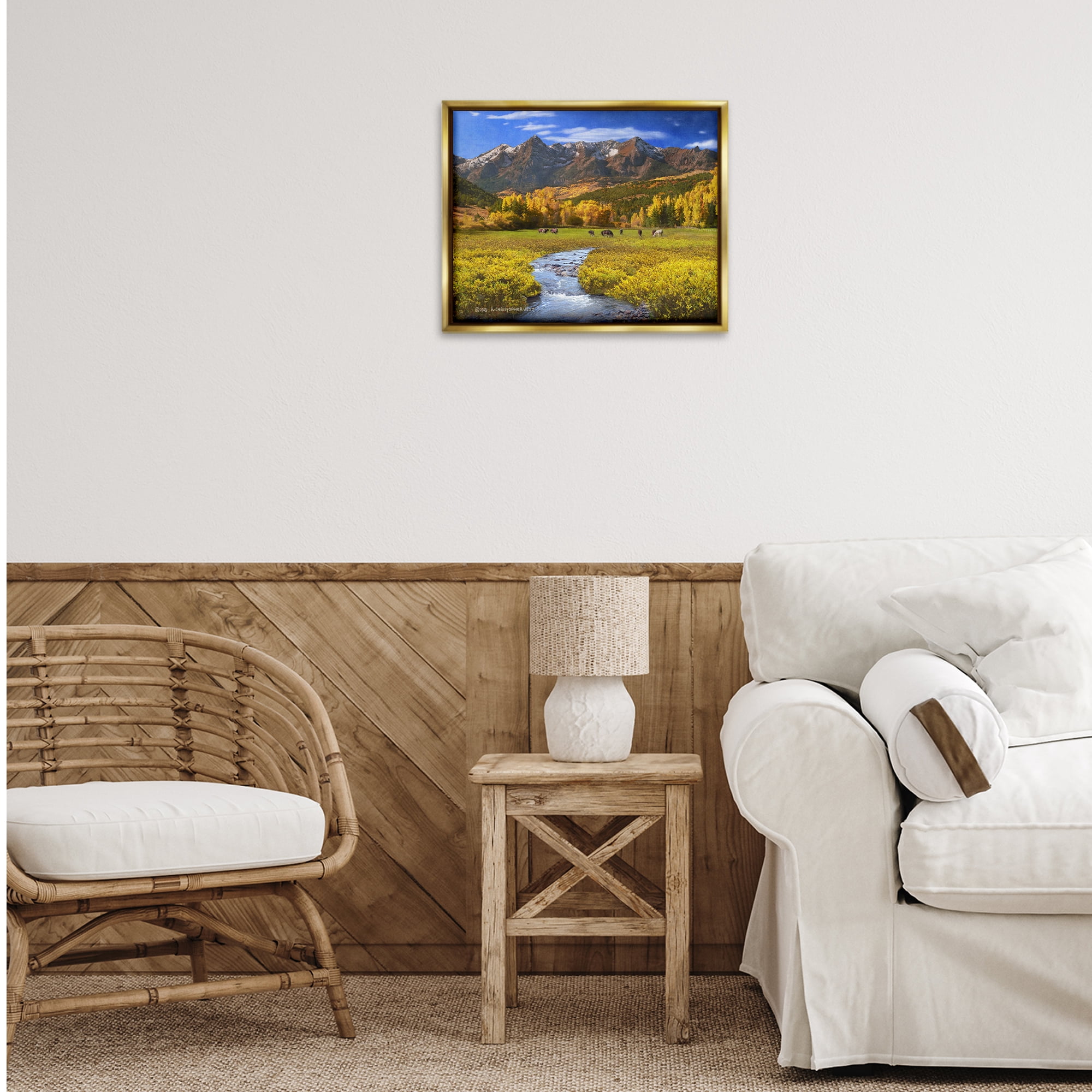 Stupell Industries Horse Ranch Autumn View Landscape & Nature Photography Gold Floater Framed Canvas Art Print Wall Art, 21 x 17