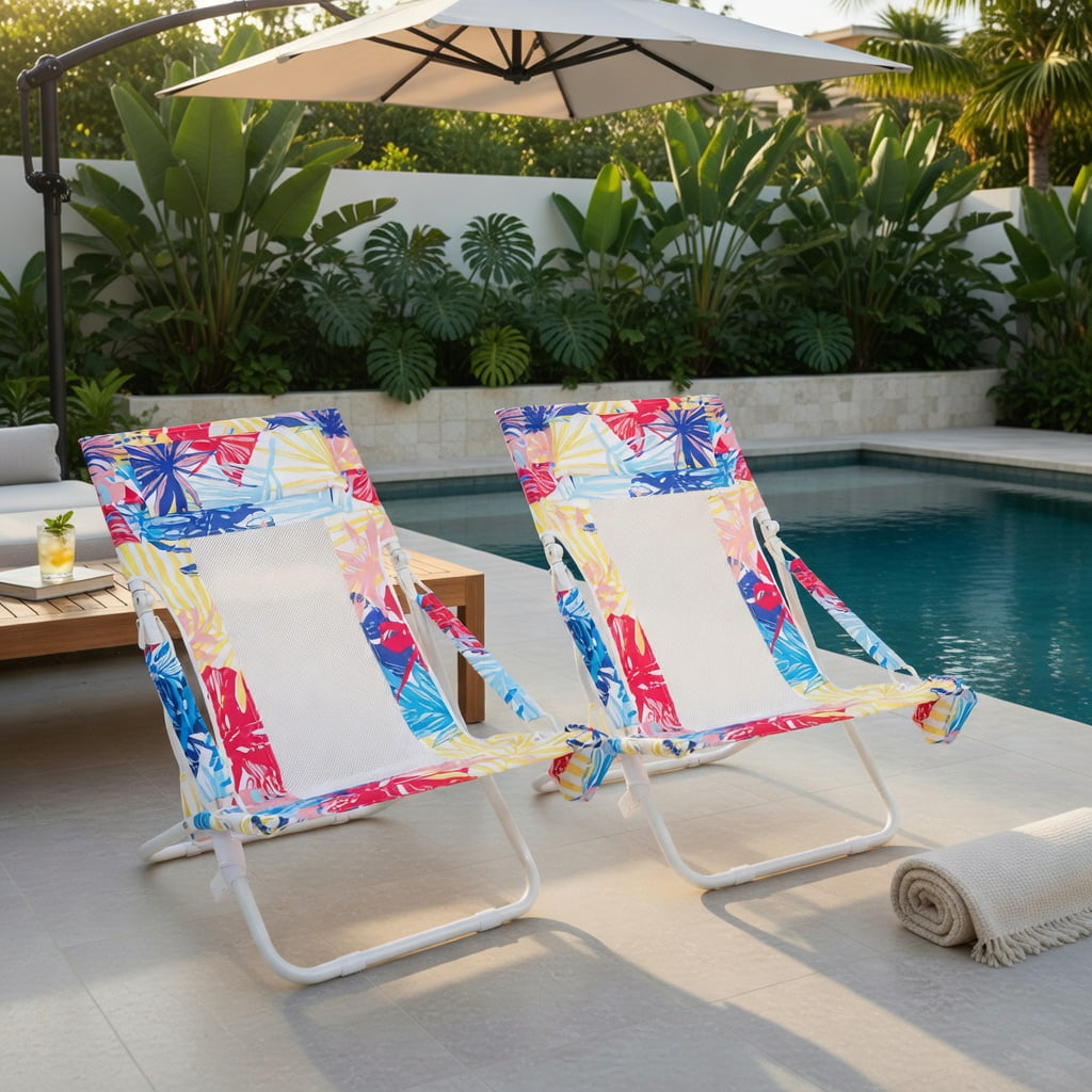 Hommoo 2-Pack Foldable Low Beach Chairs with Padded Headrest, Breathable Mesh Back & Cup Holder, Patio Sling Chairs for Outdoor, Pool, Camping, Pink