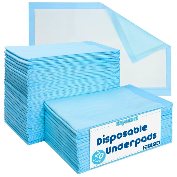Disposable Underpads 20 Count Heavy Absorbency 24 x 36 in Quilted Incontinence Bed Pads Fluff and Polymer Core Great Protection for Beds Furniture Surfaces