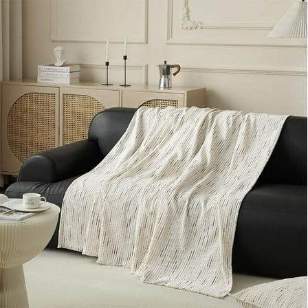 Fennco Styles Black Striped Fringe Chenille Reversible Throw Blanket 50" W x 72" L - White Woven Ultra Soft Blanket for Bed, Couch, Sofa, Home, Office and Holidays Décor