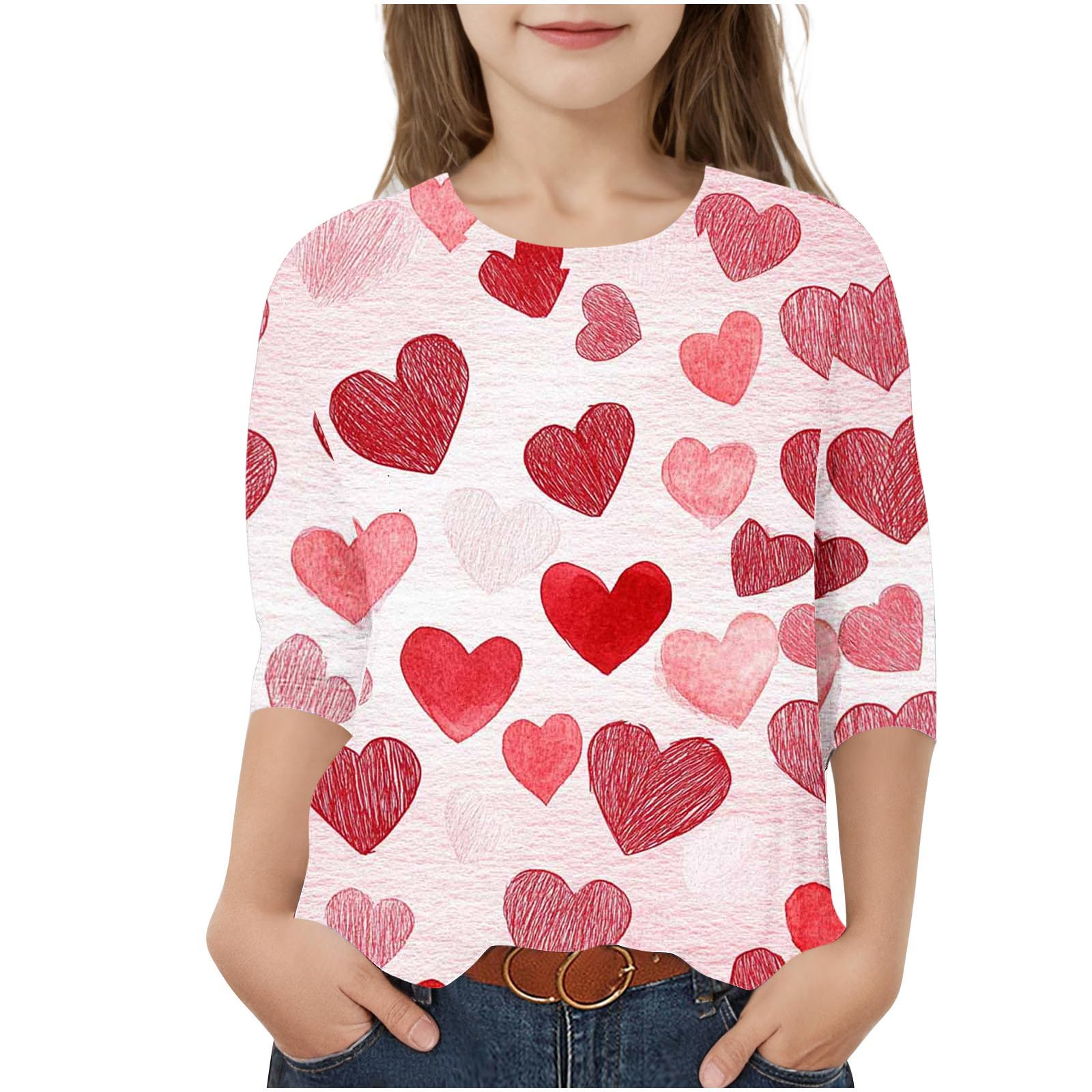COM1950s Cadeaux de la Saint-Valentin pour Enfants, Cadeaux de la Saint-Valentin, Mode Filles Enfants Saint-Valentin Femme Col Rond T-Shirt Imprimé Manches 3/4 Blouse, Cadeaux de la Saint-Valentin Enfants, Cadeaux de la Saint-Valentin Enfants
