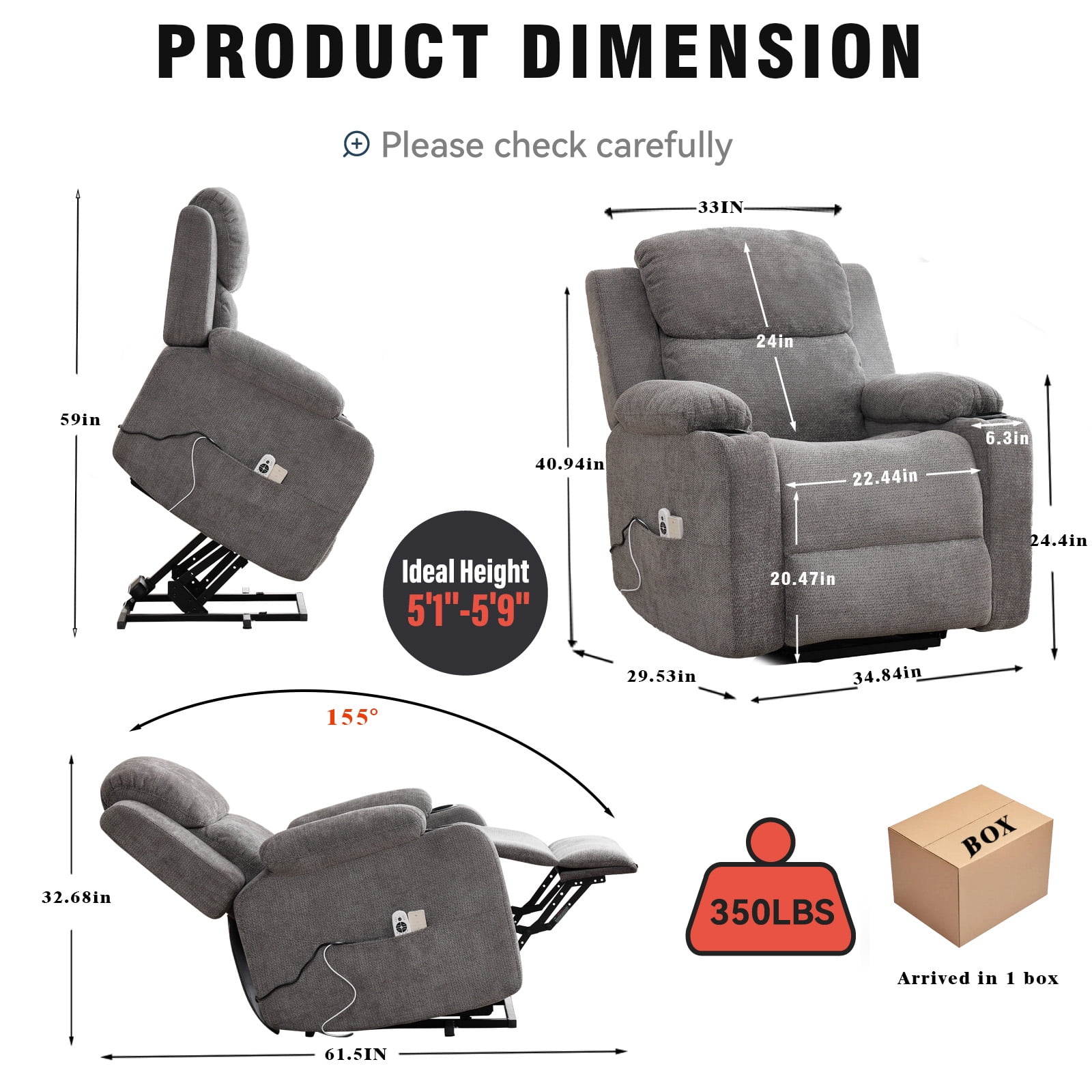 Miniyam Power Lift Recliner Chair with Massage and Lumbar Heat, Fabric Adjustable Reclining Chair with Remote Control, USB Port and Cup Holders, Gray