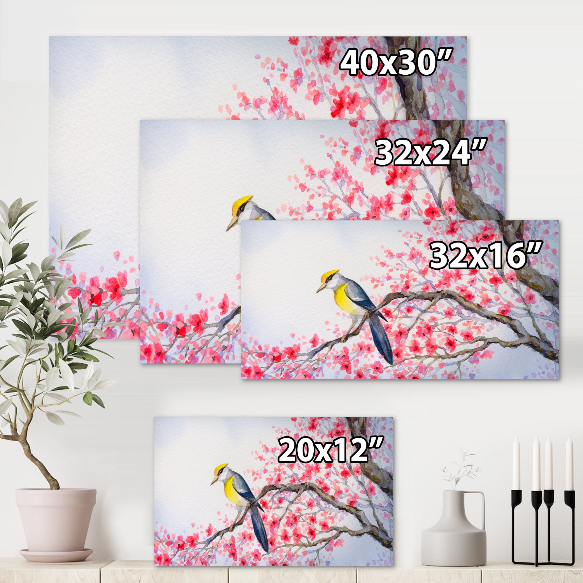Designart ' Beautiful Red Bird Sitting On Flowering Branch II ' Traditional Canvas Wall Art Print