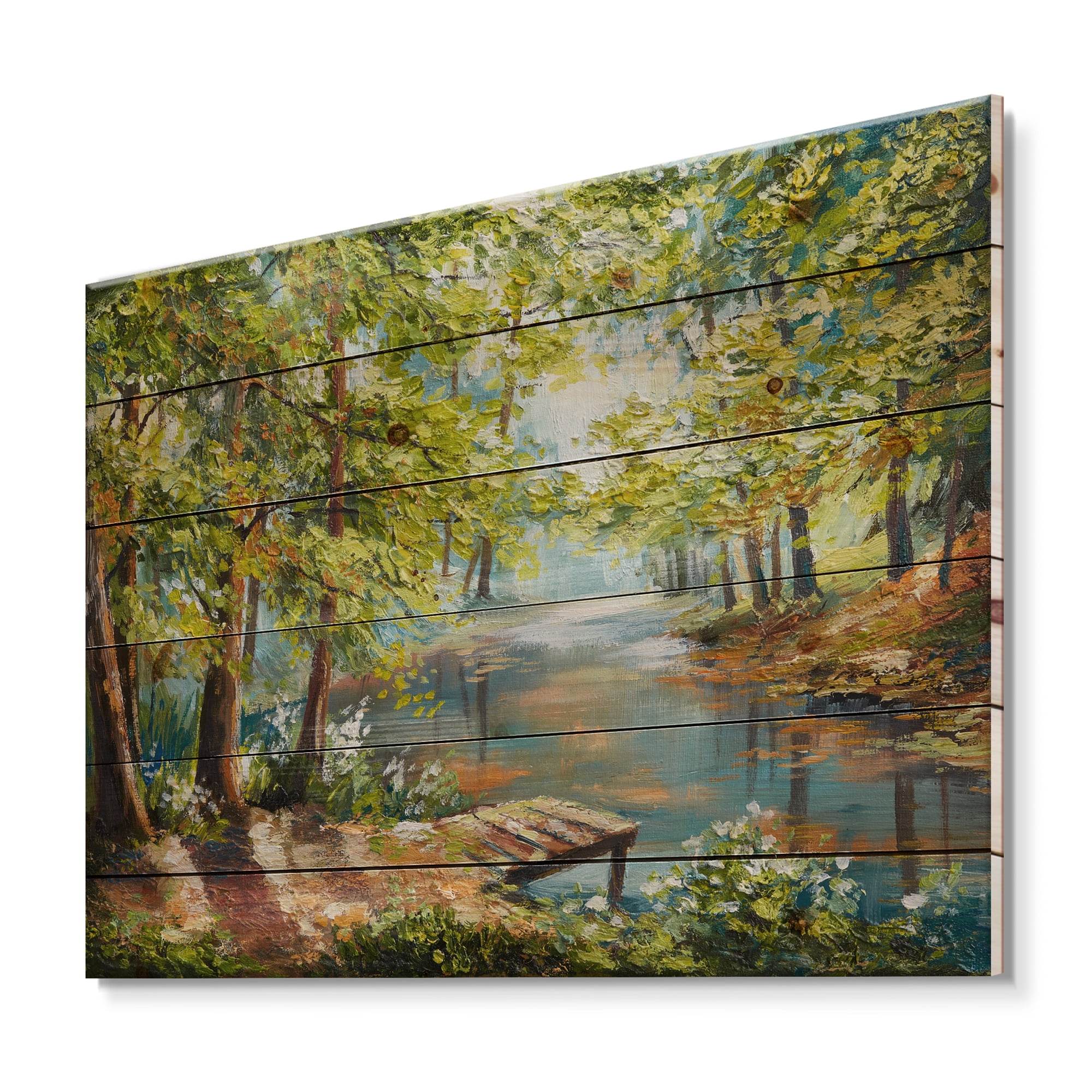 Designart 'Meandering River With Autumn Forest' Lake House Print on Natural Pine Wood