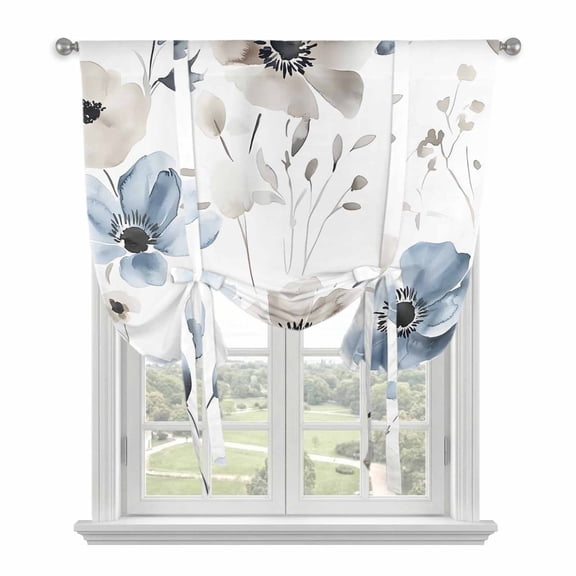 Spring Floral Tie Up Curtain 63 Inches Long, Watercolor Grey Blue Flower Leaves Balloon Style Kitchen Window Curtain Over Sink, Small Window Rod Pocket Curtain 46"x63"