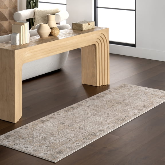 nuLOOM Koami Medallion Fringe Area Rug, 2' x 8', Runner, Light Beige