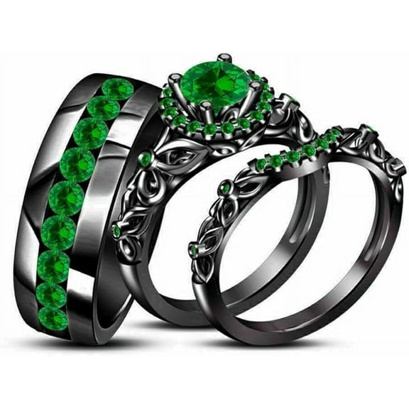Divine Creation Unisex 1.10 Ct Round Cut Green Emerald Wedding Engagement Trio Ring Set 14K Black Gold Plated 925 Sterling Silver For Men's & Women's -5.5
