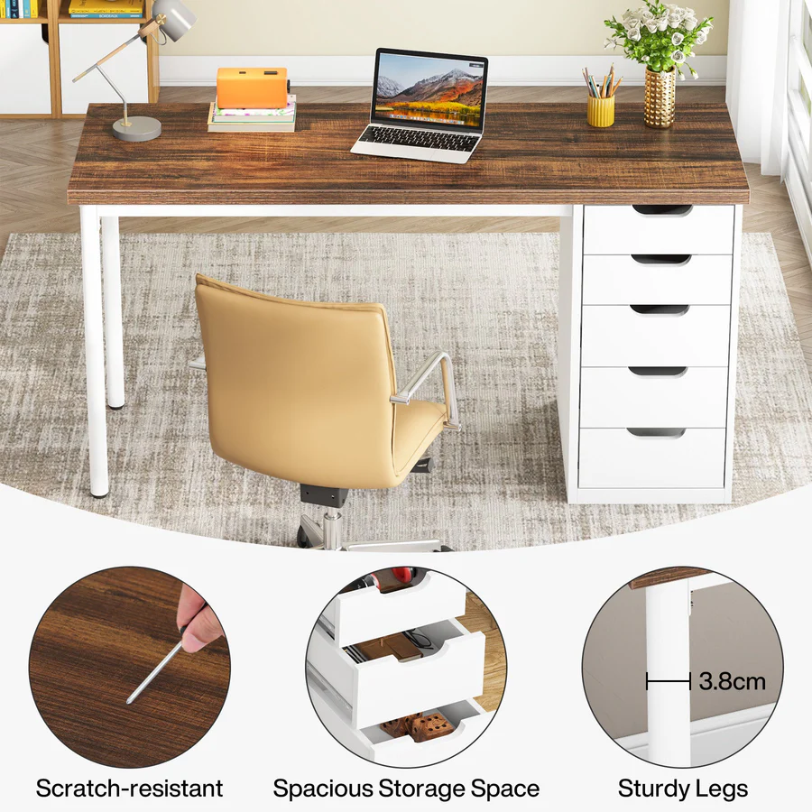 MAYEERTY 47 Inch Computer Desk with 5 White Drawers, 1.18" Thick Engineered Wood Home Office Desk with White Metal Legs