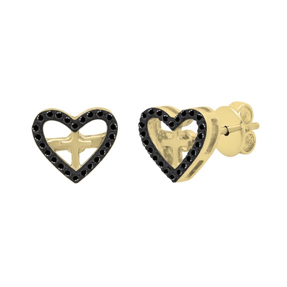 Dazzlingrock Collection Round Black Diamond Small Cross Within Open Heart Frame Pushback Stud Earrings for Women (0.10 ctw, Color Black, Clarity Opaque) in 18K Yellow Gold