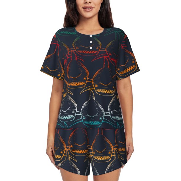 Balery Cartoon Sharks Conjunto de Pijama para Mujer con Estampado, Dos Piezas de Manga Corta y Shorts, Ropa de Dormir Suave con Cuello Redondo y Bolsillos-3X-Large