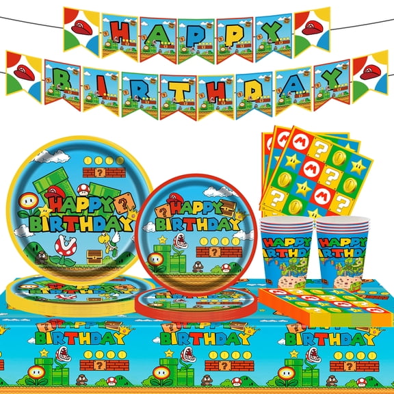 JESTAR 52Pcs Super Bros Theme Birthday Party Supplies Set, Tableware & Decorations for 10 Guests - Includes Plates, Napkins, Cups, Tablecloth, Banner for Kids Video Game Party