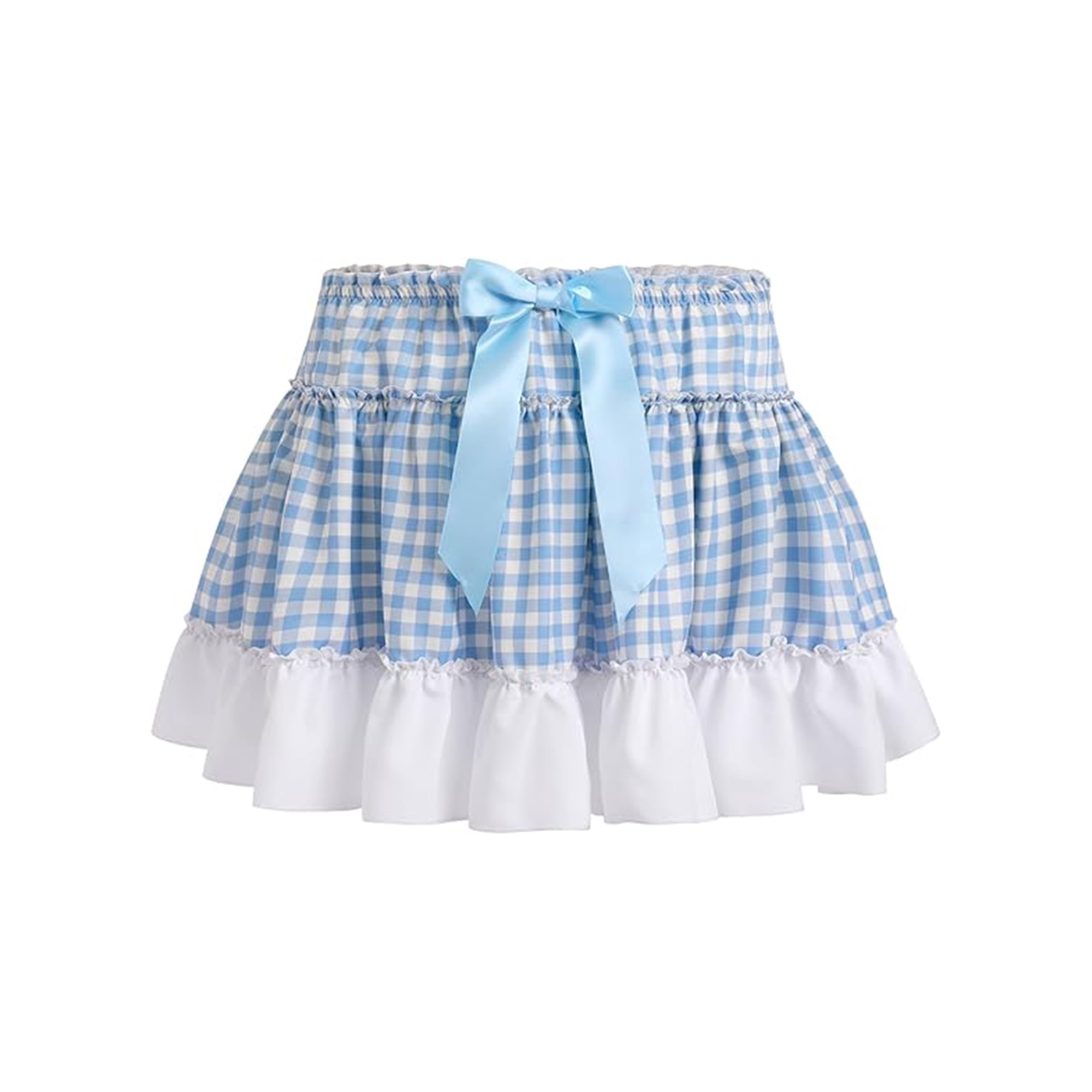 Gupgi Women Plaid Pleated Skirts Bowtie Ruffle A Line Mini Skirt