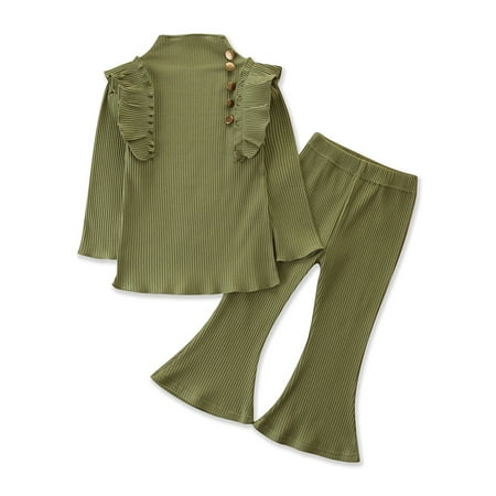 

Douhoow Kid Girl 2PCS Autumn Outfits Mock Neck Ruffles Pullover+Flared Pants 1-6Y