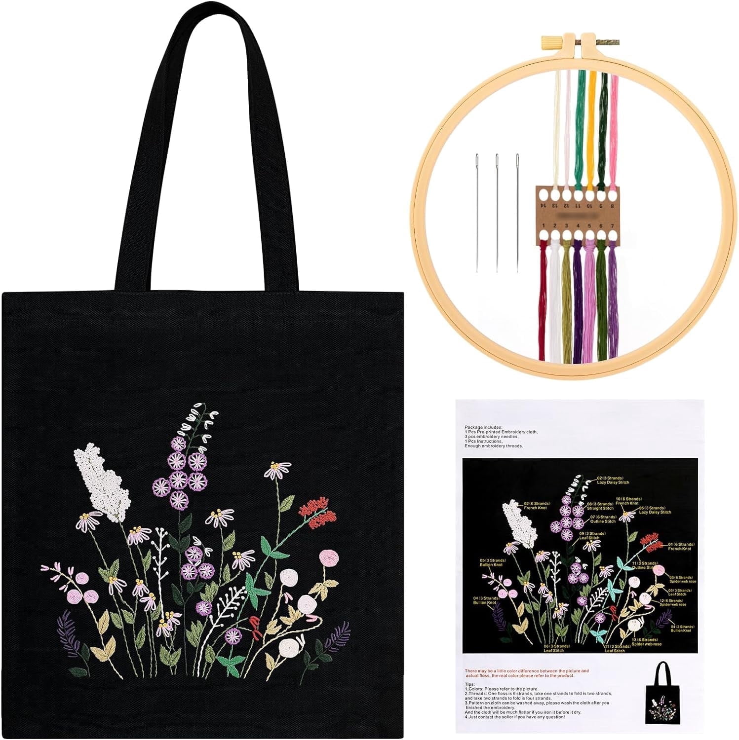 Vetpw Tote Bag Embroidery Kit for Beginners with Floral Pattern photo 1