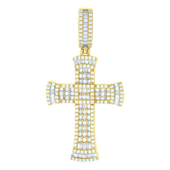 925 Sterling Silver Yellow-tone Mens Baguette Round Cubic-Zirconia Cross Religious Charm Pendant