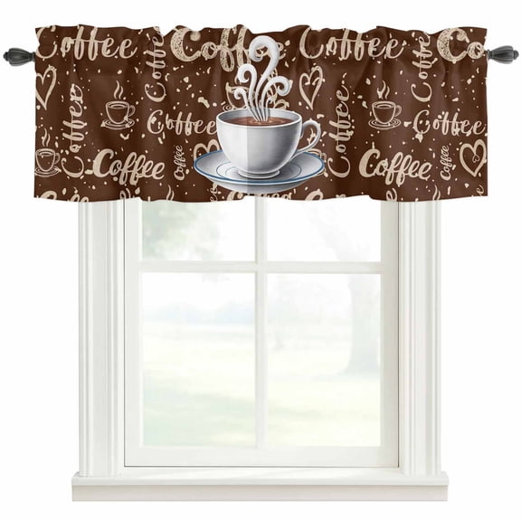 Coffee Theme Vintage Window Valance Curtain Retro Country Brown Rod Pocket Short Curtain for Living Room, Bedroom & Kitchen Window Decor 54x18in