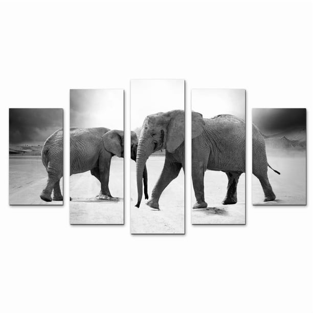 Cuadro Decorativo Elefantes Pareja Blanco Y Negro Juego De 5 Piezas 150x80cm Ideal Para Sala Oficina Decoración Moderna