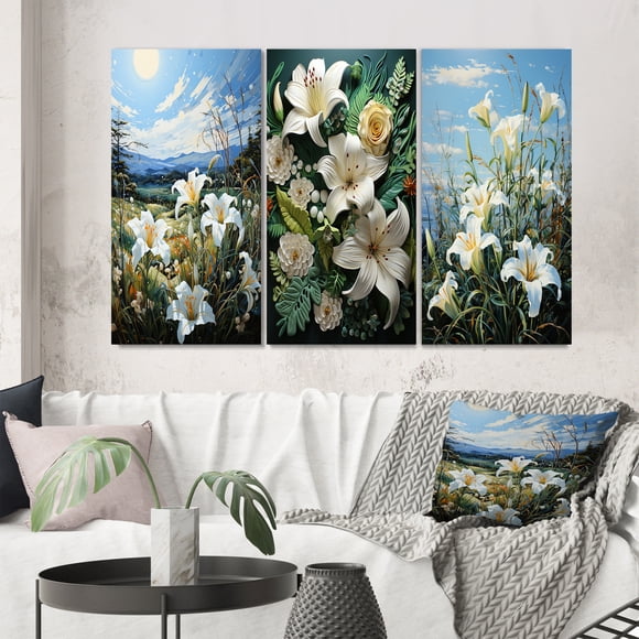 Designart "White Green Lilies landscape Pointillism Dot II" Floral Wall Art Set Of 3 - White Lilies Canvas Set For Living Room Decor