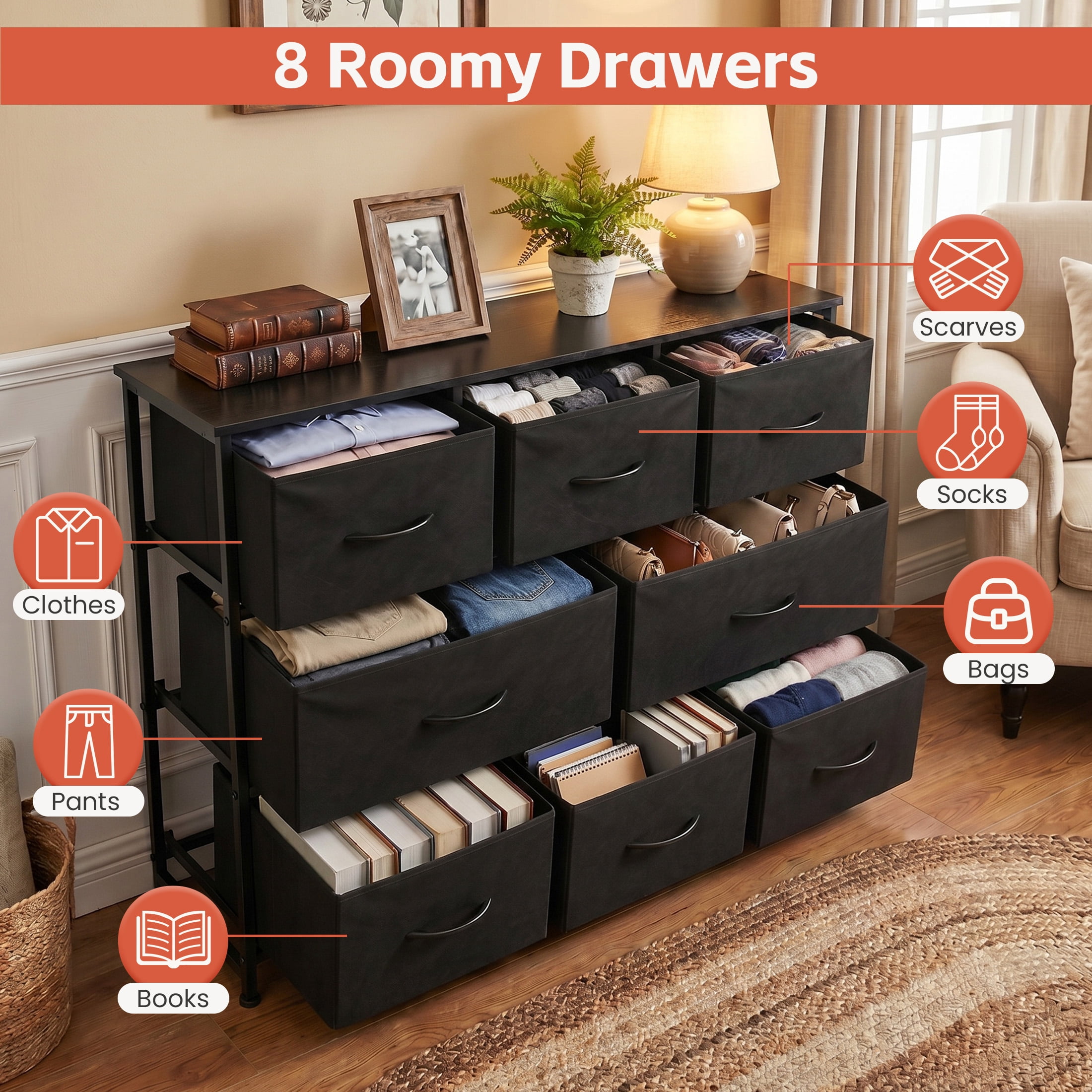 edx 8 Drawers Fabric Dresser, Chest of Drawers with Sturdy Steel Frame, Storage Organizer Cabinet for Bedroom, Living Room, Hallway, Black