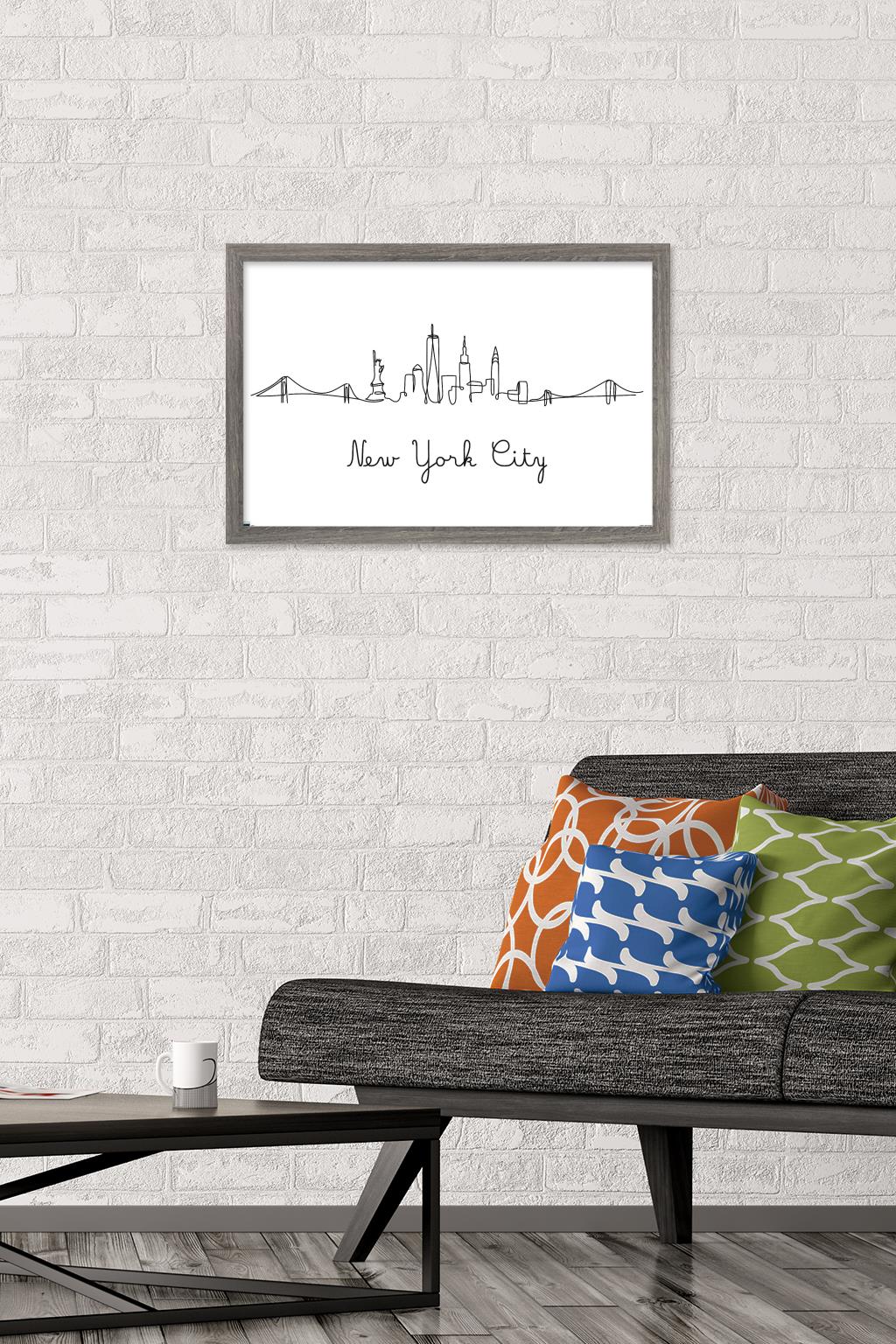 Line Art Skyline - New York City Wall Poster, 14.725" x 22.375", Framed