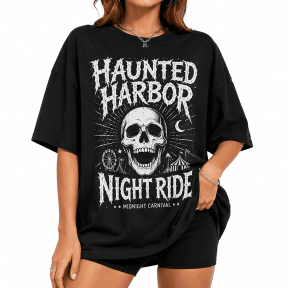 【New Arrival】Women's Haunted Harbor Skull Graphic T Shirt Black Short Sleeve Crew Neck Halloween Gothic Casual Tee