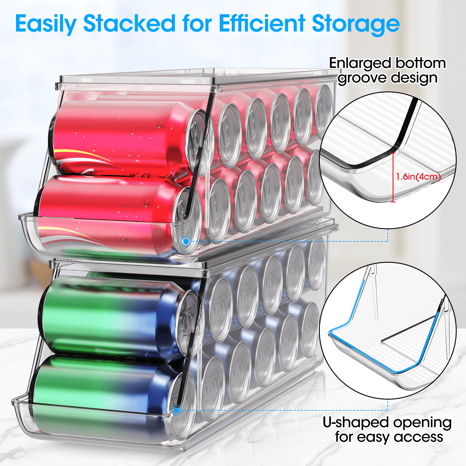 4 Pack Soda Can Organizer, Clear Refrigerator Organizer with Lids, Stackable Organizers for Pantry, Freezer, Kitchen – Holds 48 Cans